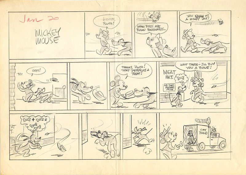 Mickey Mouse (1974) Original Sunday Comic Strip, Drawing, and Proof: Mickey and Pluto