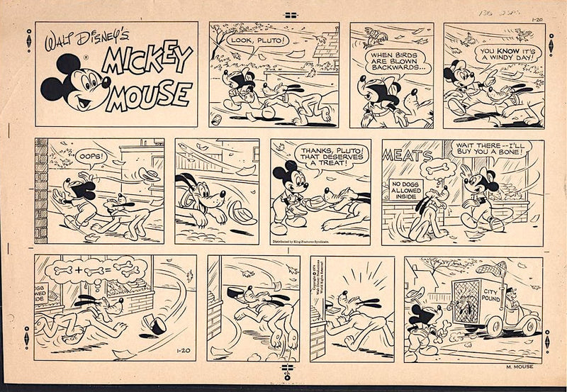 Mickey Mouse (1974) Original Sunday Comic Strip, Drawing, and Proof: Mickey and Pluto