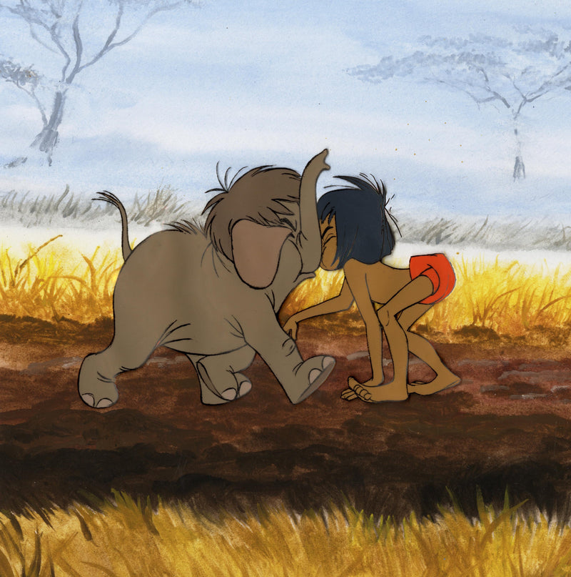 The Jungle Book Original Production Cel: Hathi Jr. and Mowgli