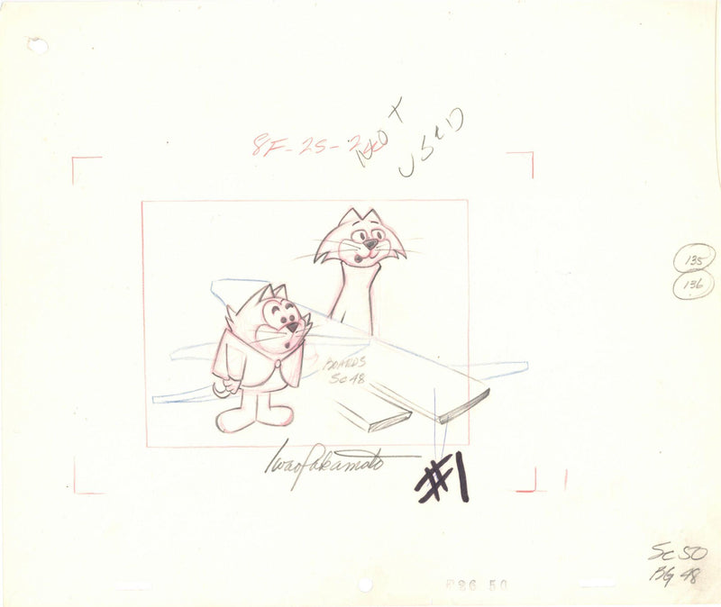 Top Cat, Benny the Ball, Choo Choo Layout Drawing Double App Signed Iwao Takamoto Circa 1960s