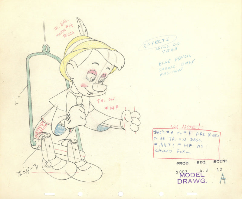 Pinocchio Original Production Color Model Drawing: Pinocchio