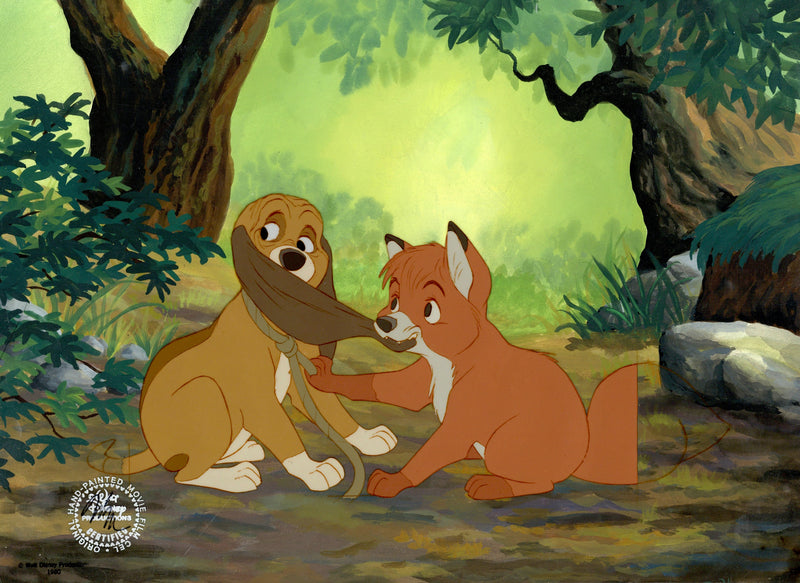 The Fox and the Hound Original Production Cel on Hand-Painted Background: Tod and Copper (Framed)