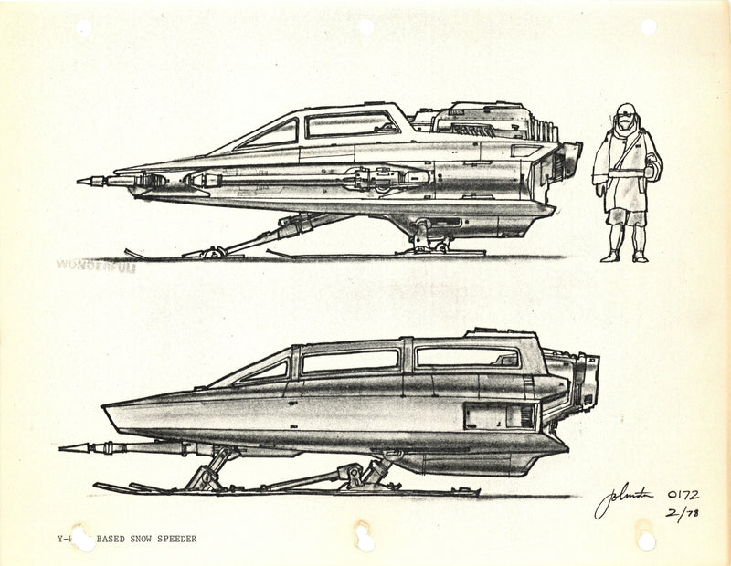 Star Wars: The Empire Strikes Back - Photostat Concept Drawing with Embedded Signature: Side View of T-47 Air Speeder Prototype