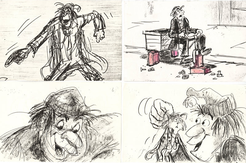 Oliver & Company Photostat Storyboard Drawings (Set of 4): Fagin, Oliver