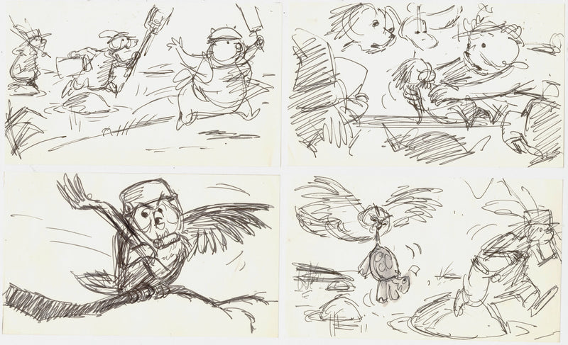The Rescuers Storyboard Drawings (Set of 4): Deadeye, Luke, Ellie Mae, Deacon Owl, Gramps