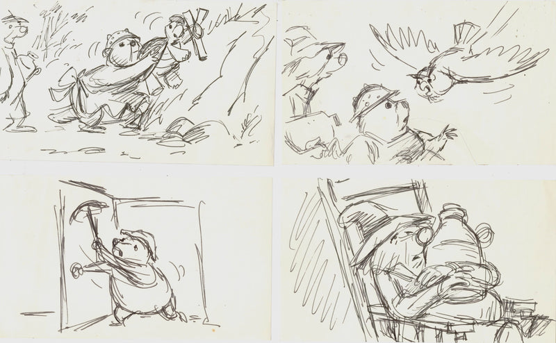 The Rescuers Storyboard Drawings (Set of 4): Luke, Ellie Mae, Deacon Owl, Gramps