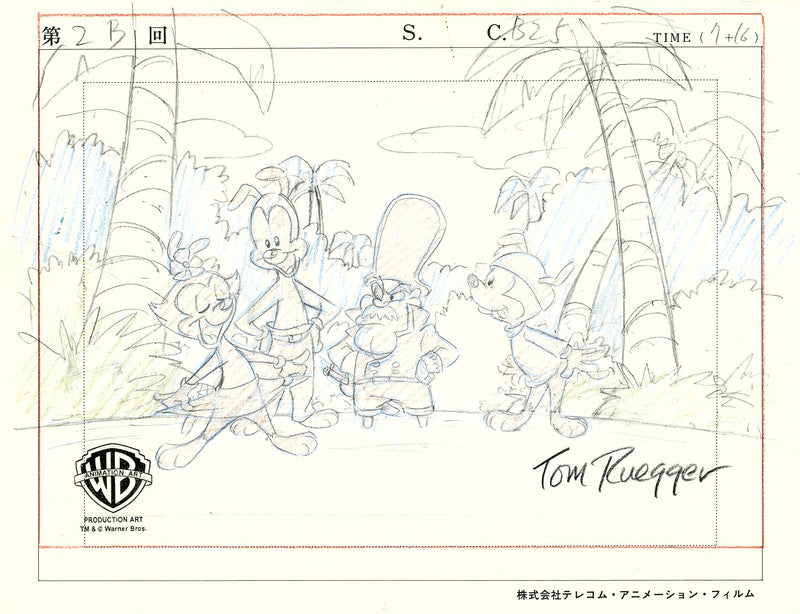 Animaniacs Original Production Layout Drawing Signed by Tom Ruegger: Wakko, Yakko, Dot