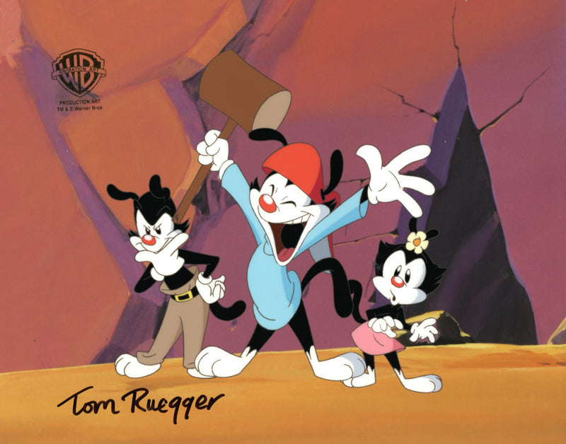 Animaniacs Original Production Cel with Matching Drawing Signed by Tom Ruegger: Yakko, Wakko, Dot