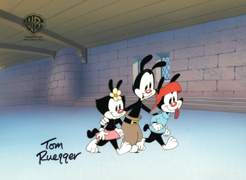 Animaniacs Original Production Cel on Original Background Signed by Tom Ruegger: Wakko, Yakko, Dot