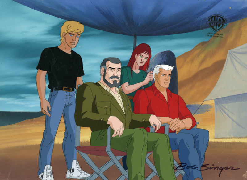 The Real Adventures of Jonny Quest Original Production Cel with Original Background Signed by Bob Singer: Jonny, Dr. Quest, Jessie, Race