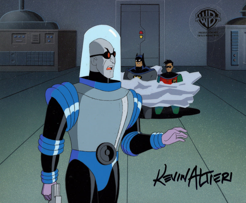 Batman The Animated Series Original Production Cel on Original Background Signed by Kevin Altieri: Mr. Freeze, Batman, Robin