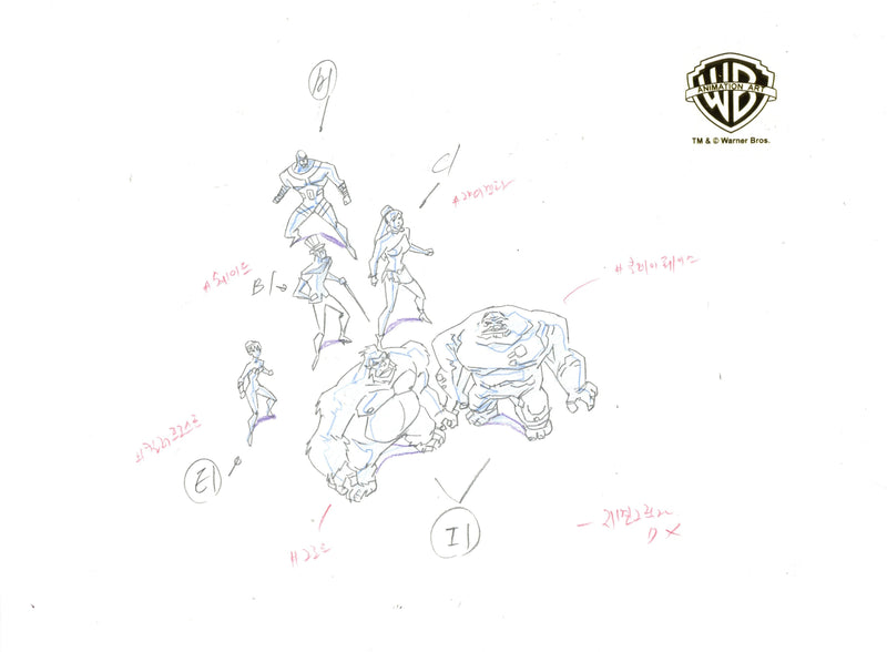 Justice League Original Production Drawing: Gorilla Grodd, Clayface, Parasite, Giganta, Killer Frost, Shade