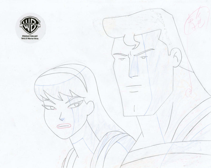 Superman The Animated Series Original Production Cel with Matching Drawing: Superman, Supergirl