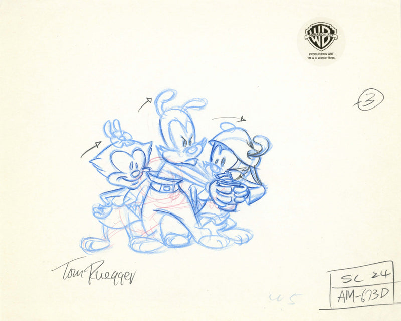 Animaniacs Original Production Drawing Signed by Tom Ruegger: Yakko, Wakko, Dot