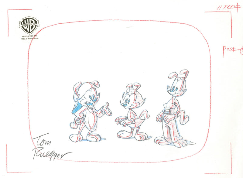 Animaniacs Original Production Layout Drawing Signed by Tom Ruegger: Wakko, Yakko, Dot