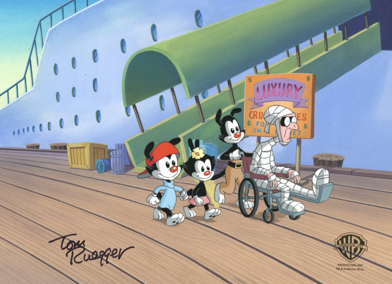 Animaniacs Original Production Cel on Original Background Signed by Tom Ruegger: Wakko, Yakko, Dot, and Dr. S