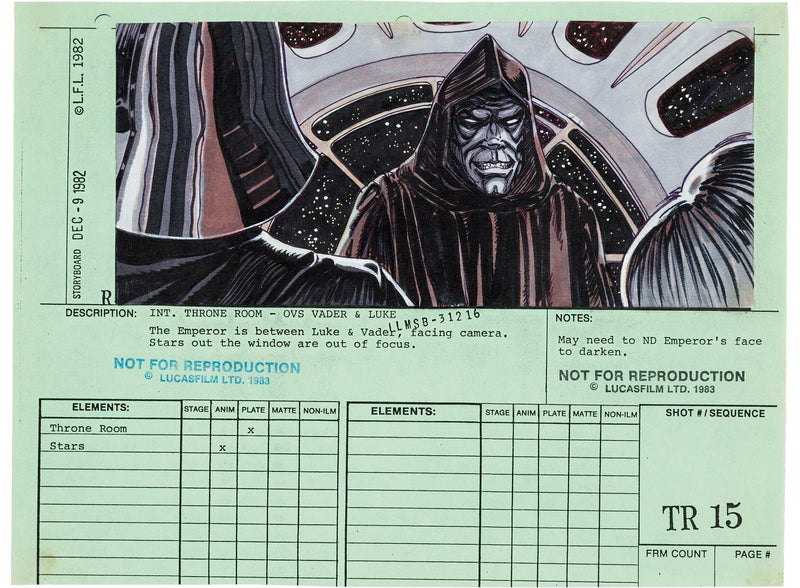 Star Wars: Episode VI - Return of the Jedi Luke Skywalker and The Emperor Storyboard Drawings