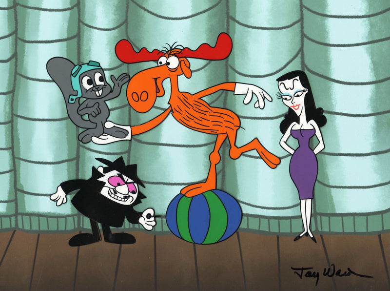 Rocky and Bullwinkle Show Scene Cel signed by Jay Ward: Rocky, Bullwinkle, Boris Badenov, Natasha Fatale - Choice Fine Art