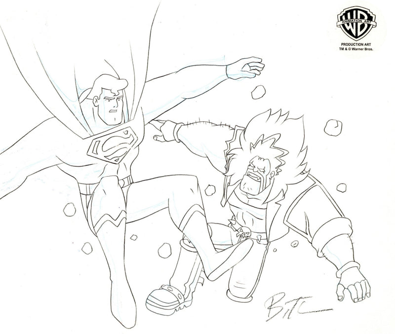Superman the Animated Series Bruce Timm Signed Original Production Cel with Matching Drawing: Superman and Lobo - Choice Fine Art