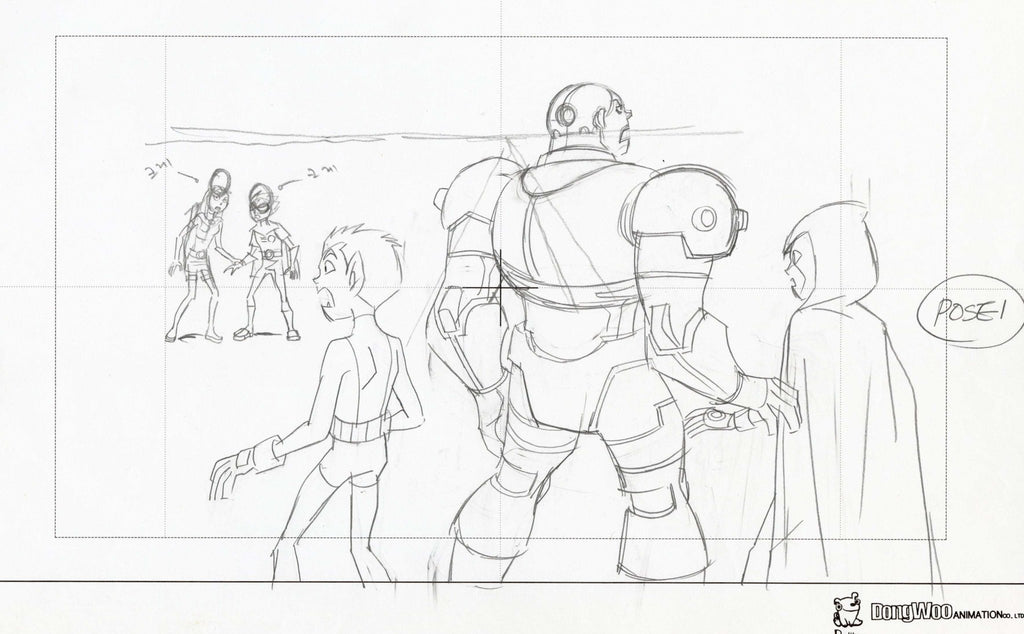 Teen Titans Original Production Drawing: Starfire, Beast Boy, Cyborg, Raven, and Robin - Choice Fine Art