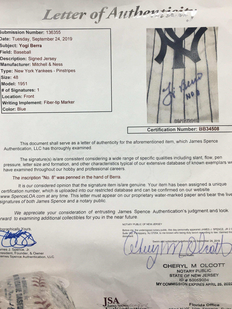 YANKEES COLLECTION JERSEY SIGNED BY YOGI BERRA Jersey CHOICE FINE ART 